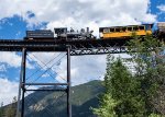 A Georgetown Town Loop RR train crosses he Devil's Gate Trestle 